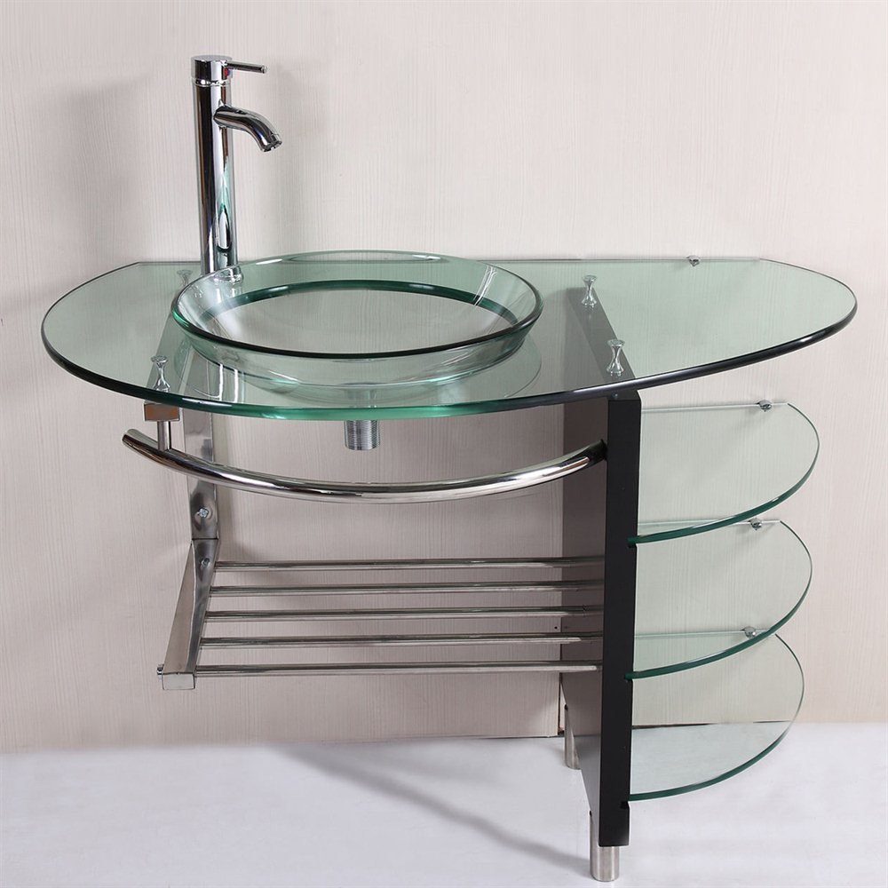 Prima 40 Inch Contemp Glass Bowl Vessel Sink & Wood Vanity With Matching Faucet